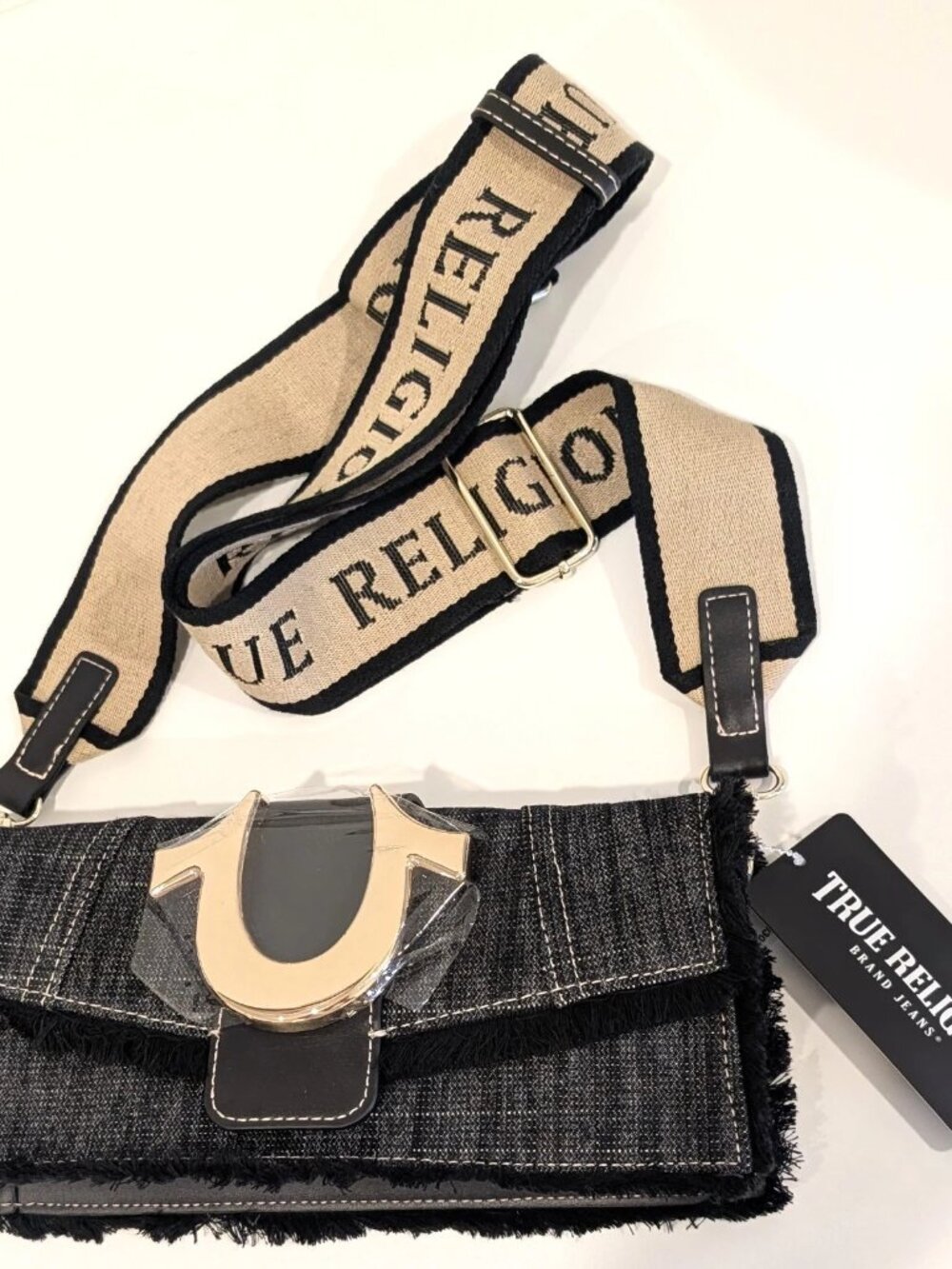 True Religion Frayed Dark Denim Crossbody Flap Bag Gold Horseshoe Purse NWT